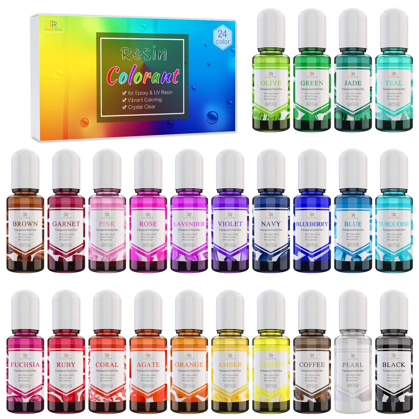 24 Color Epoxy Pigment - Crystal Transparent Dye for DIY Resin Art, Jewelry Making - Concentrated UV Resin Colorant for Paint, Tumbler, Craft - 0.35 oz/10ml Each