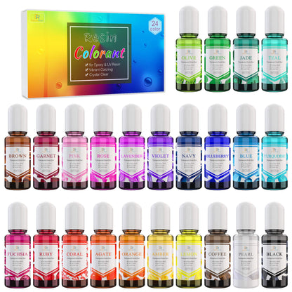 24 Color Epoxy Pigment - Crystal Transparent Dye for DIY Resin Art, Jewelry Making - Concentrated UV Resin Colorant for Paint, Tumbler, Craft - 0.35 oz/10ml Each