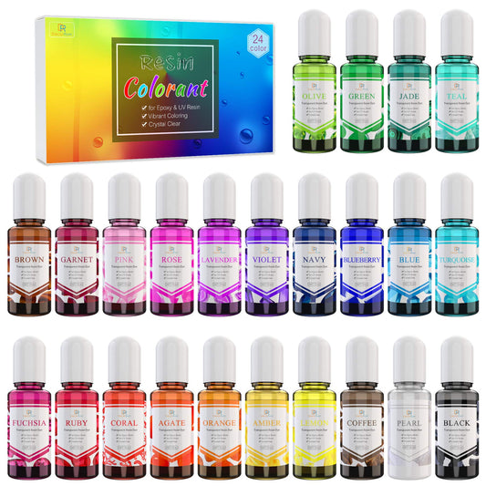 24 Color Epoxy Pigment - Crystal Transparent Dye for DIY Resin Art, Jewelry Making - Concentrated UV Resin Colorant for Paint, Tumbler, Craft - 0.35 oz/10ml Each