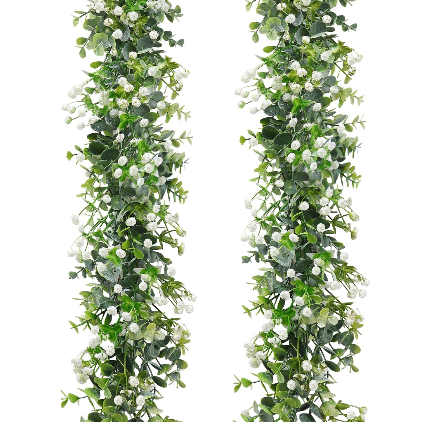 SOMYTING Artificial Eucalyptus Garland with White Flowers, 2 Packs 6Ft Artificial Greenery Garland Fake Hanging Flower Garland Plant Artificial Vines for Wedding Backdrop Arch Wall Table Decor