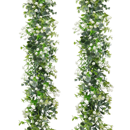SOMYTING Artificial Eucalyptus Garland with White Flowers, 2 Packs 6Ft Artificial Greenery Garland Fake Hanging Flower Garland Plant Artificial Vines for Wedding Backdrop Arch Wall Table Decor