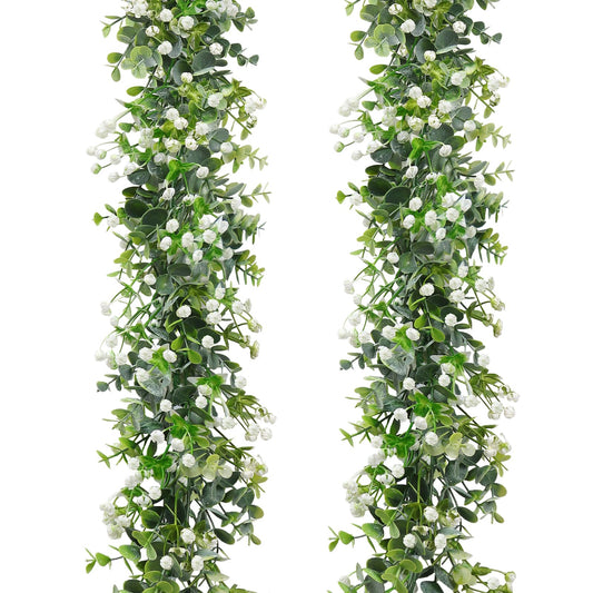 SOMYTING Artificial Eucalyptus Garland with White Flowers, 2 Packs 6Ft Artificial Greenery Garland Fake Hanging Flower Garland Plant Artificial Vines for Wedding Backdrop Arch Wall Table Decor