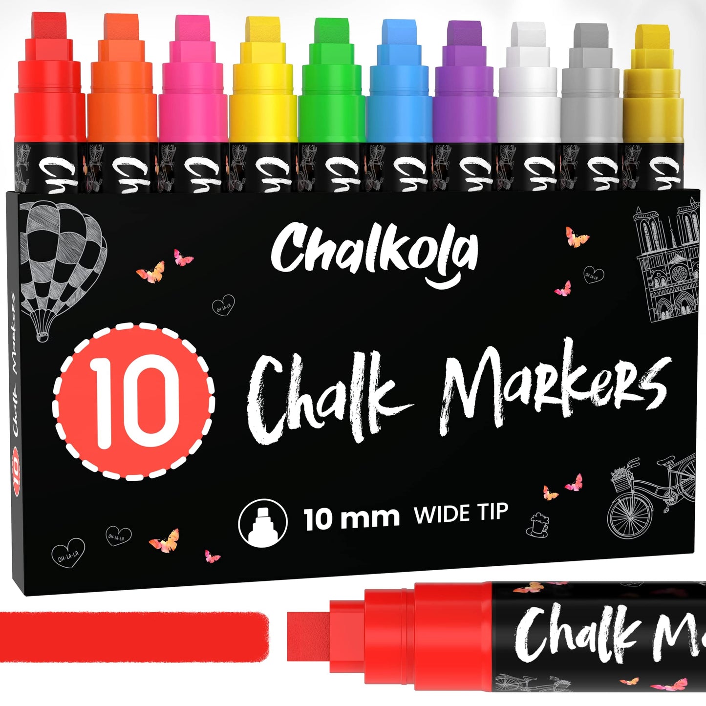 Chalkola Neon Car Window Markers - 10 Chalk Pens (with Gold, Silver) - 3 in 1 Nib, 10mm Jumbo Tip - Washable Liquid Chalk Markers For Blackboard, Chalkboard, Glass, Cars - Erasable Wet Erase Markers