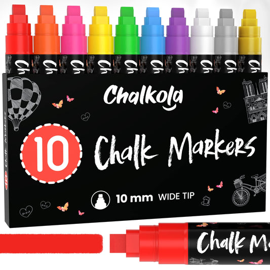 Chalkola Neon Car Window Markers - 10 Chalk Pens (with Gold, Silver) - 3 in 1 Nib, 10mm Jumbo Tip - Washable Liquid Chalk Markers For Blackboard, Chalkboard, Glass, Cars - Erasable Wet Erase Markers