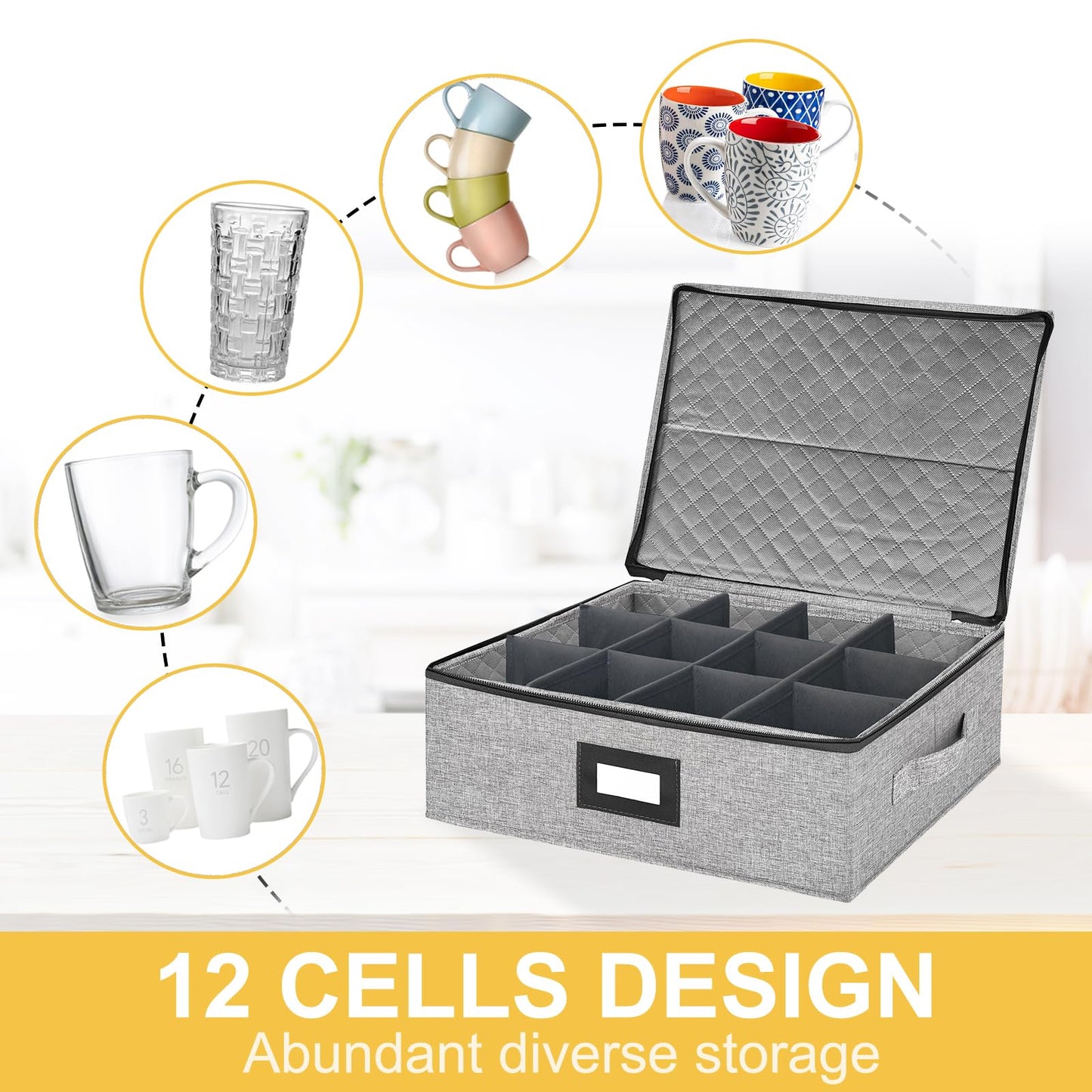 Coffee Mug Storage Box with Dividers, Durable China Storage Containers for Coffee Mugs, Tea Cups Storage Organizer with Lid, Handles, Label Window, Holds 12 Mugs, Hard Shell and Stackable