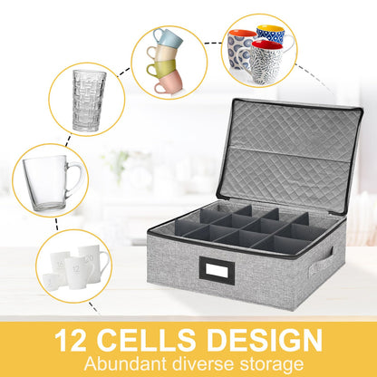Coffee Mug Storage Box with Dividers, Durable China Storage Containers for Coffee Mugs, Tea Cups Storage Organizer with Lid, Handles, Label Window, Holds 12 Mugs, Hard Shell and Stackable
