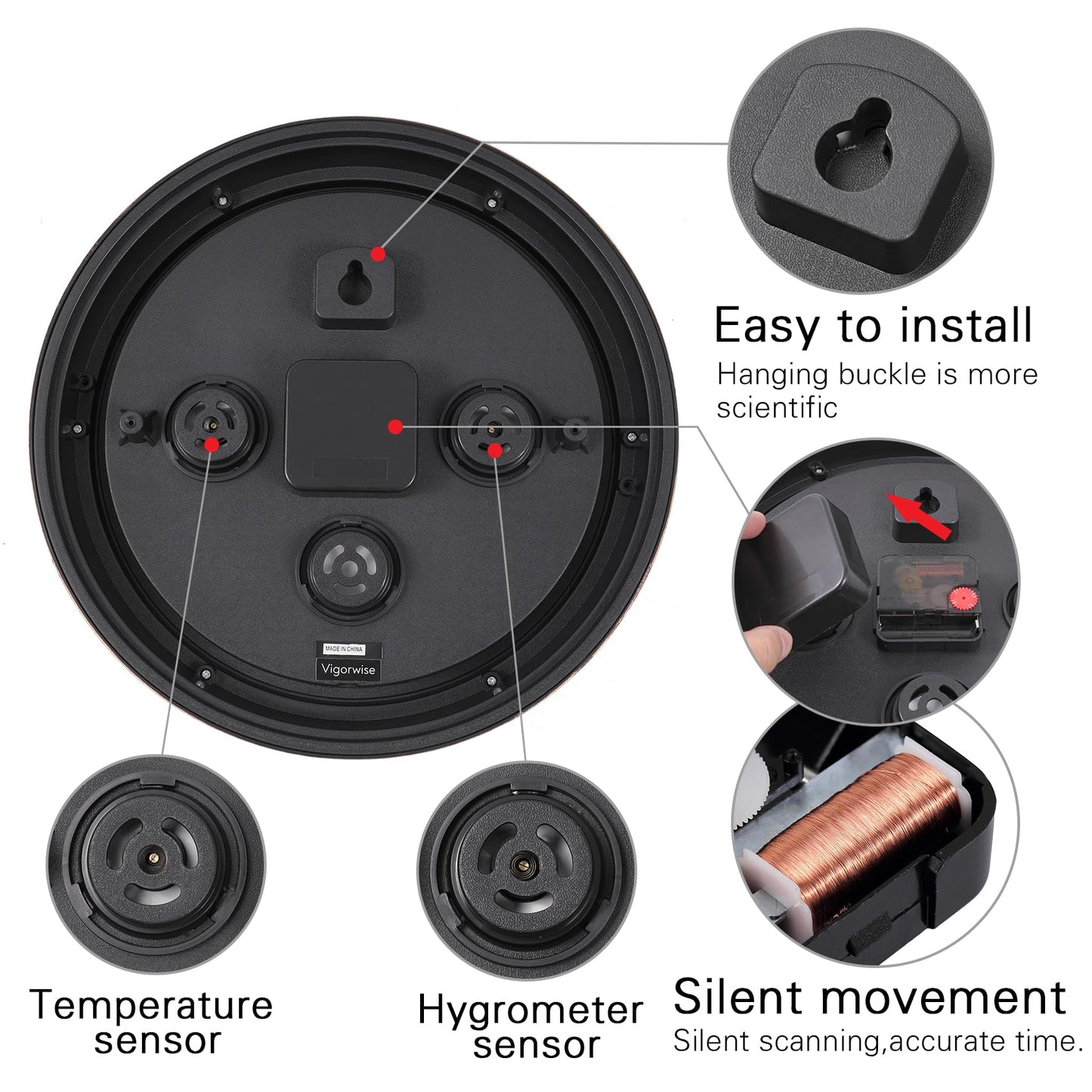 Vigorwise 12 inch Outdoor Wall Clock, Plastic Waterproof Wall Clock with Temperature & Humidity, Water Resistant Wall Clock, Silent Wall Clock for Patio Garden Bathroom, Dark Brown