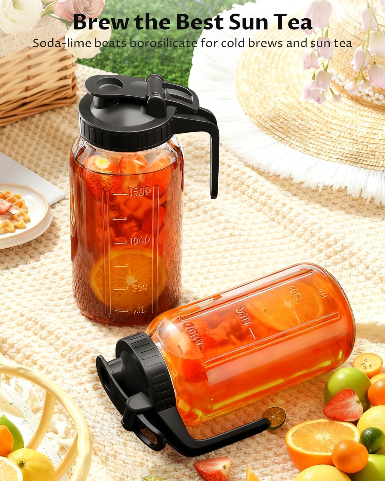 VA1KENE 64oz Glass Pitcher with Lid and Handle – Mason Jar Style Water Jug with Spout, Wide Mouth Glass Pitcher for Sun Tea, Juice, Breast Milk, Cold Brew & More