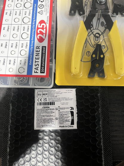 225-Pc Snap Ring Kit with Pliers - 15 Sizes (M3 to M25), 304 Stainless Steel - Essential for Canadian DIYers, Mechanics & Engineers