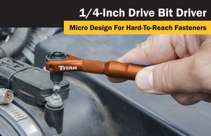 Titan Tools 11323 1/4-Inch Drive x 4-Inch 90-Tooth Swivel Head Micro Ratcheting Bit Driver - Orange