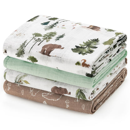 david's kids 4 Pack Baby Muslin Swaddle Blankets, 100% Cotton and Ultra Soft Breathable Receiving Blanket Wrap for Boys Girls, New Born Essentials, Large 47 x 47 inches, Forest