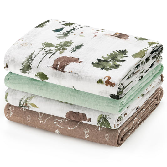 david's kids 4 Pack Baby Muslin Swaddle Blankets, 100% Cotton and Ultra Soft Breathable Receiving Blanket Wrap for Boys Girls, New Born Essentials, Large 47 x 47 inches, Forest