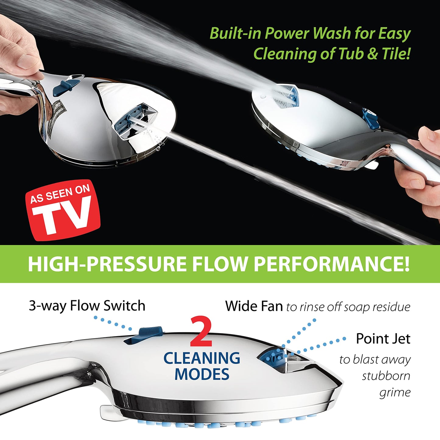 AquaCare High Pressure 8-Mode Handheld Shower Head - Anti-Clog Nozzles, Built-in Power Wash to Clean Tub, Tile & Pets, Extra Long 6 ft. Stainless Steel Hose, Wall & Overhead Brackets