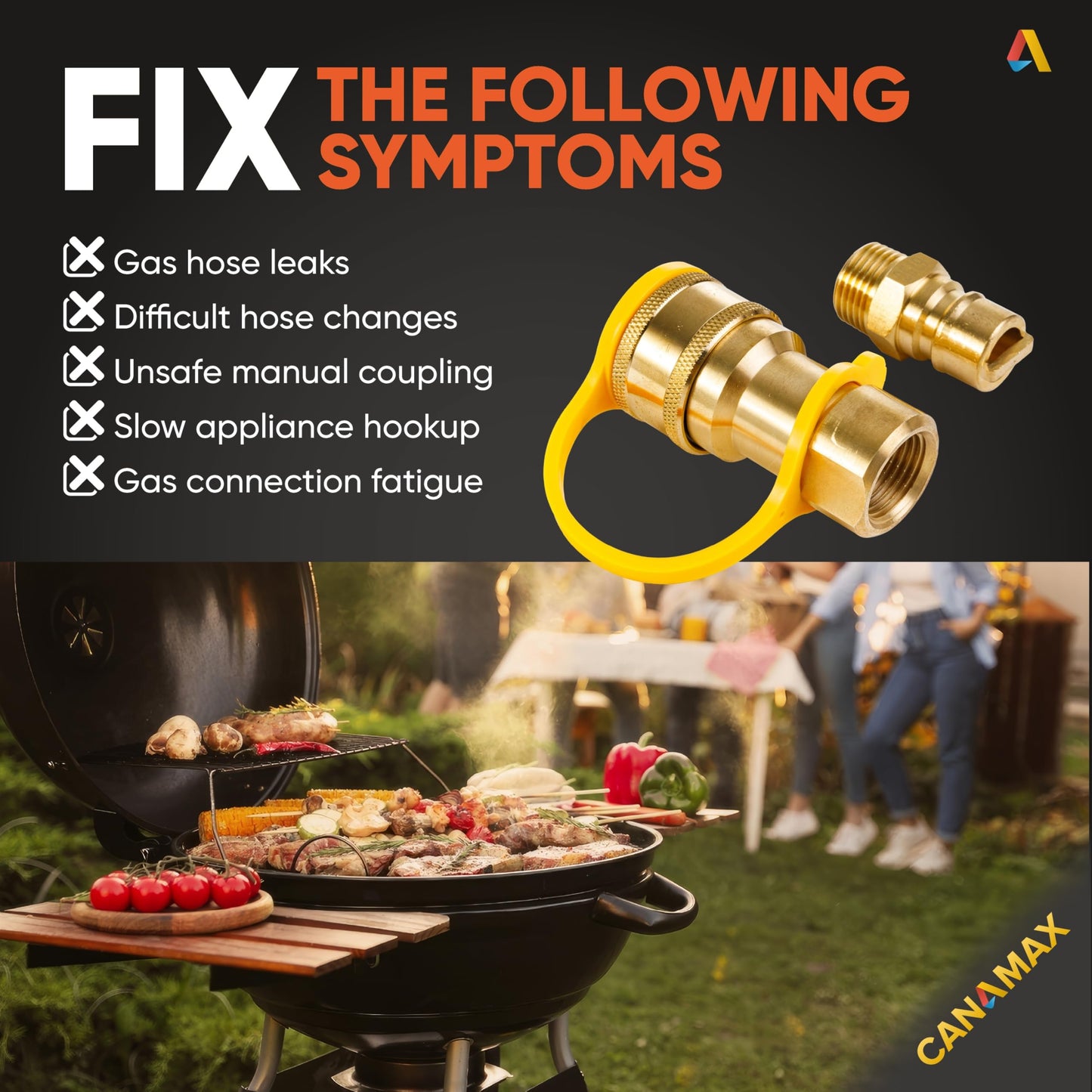 1/2-Inch Solid Brass Quick Connect & Disconnect Fitting Kit by Canamax – Female & Male Connector Set for Natural Gas Appliances, Heater or Grill (Accessory Only, No Gas Included)