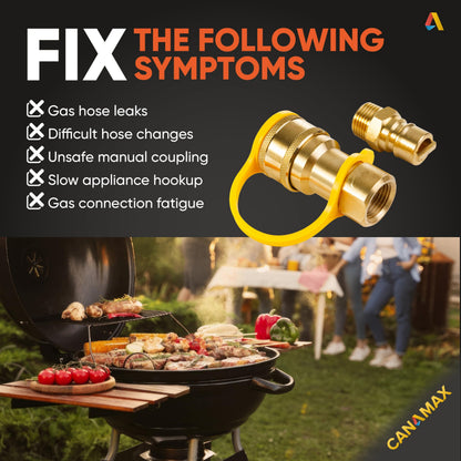 1/2-Inch Solid Brass Quick Connect & Disconnect Fitting Kit by Canamax – Female & Male Connector Set for Natural Gas Appliances, Heater or Grill (Accessory Only, No Gas Included)