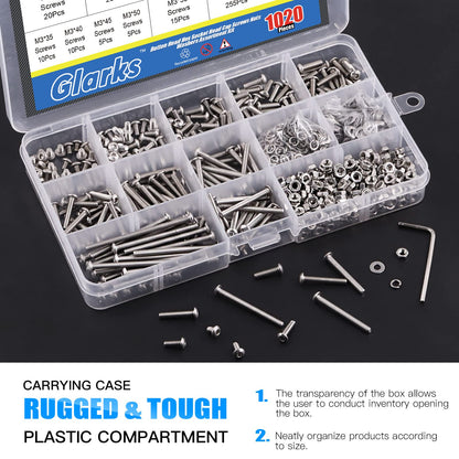 Glarks 1021Pcs M3 Button Head Screws 304 Stainless Steel Hex Socket Cap Screws Bolts and Nuts Washers Assortment Kit with Hex Wrench for Machinery Furniture Car Repair