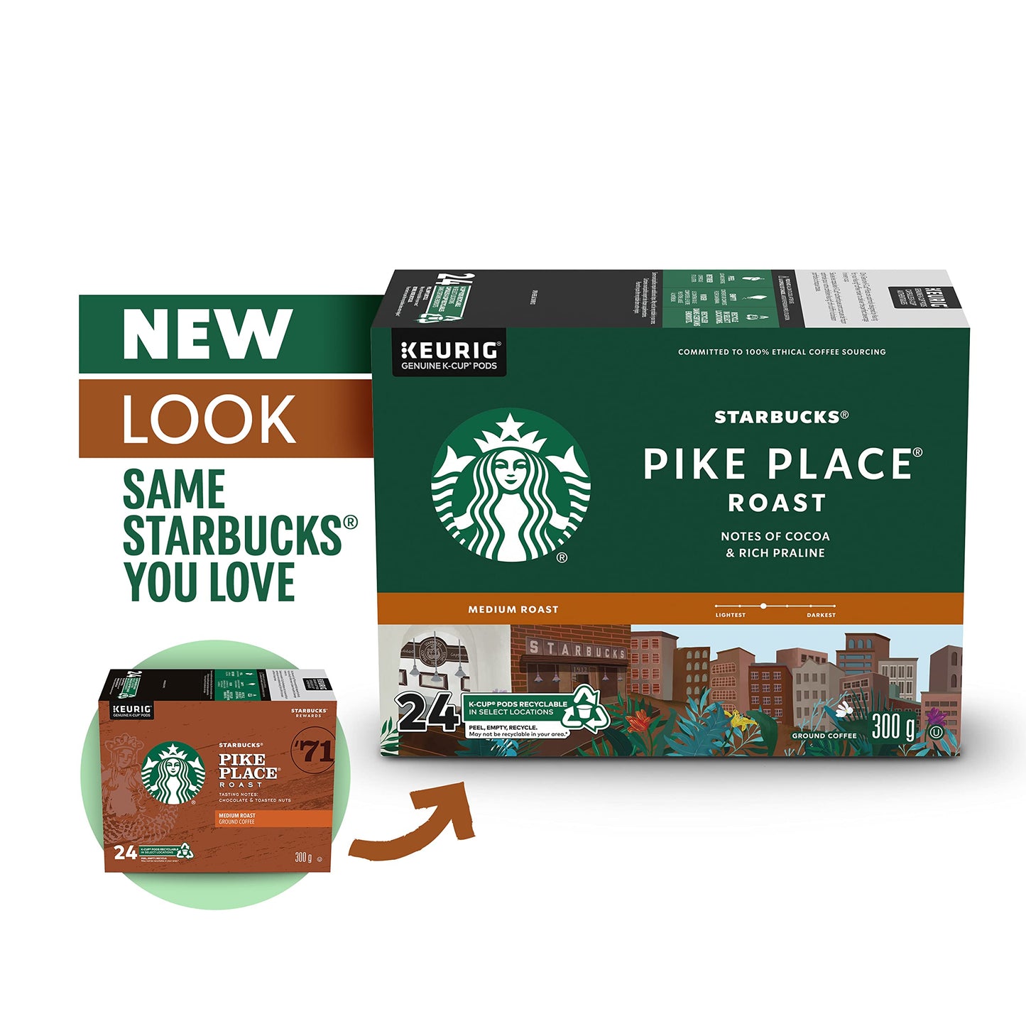 Starbucks Pike Place Medium Roast K-Cups, Single Serve Keurig Compatible Coffee Pods for Keurig Brewers - 24 Capsules