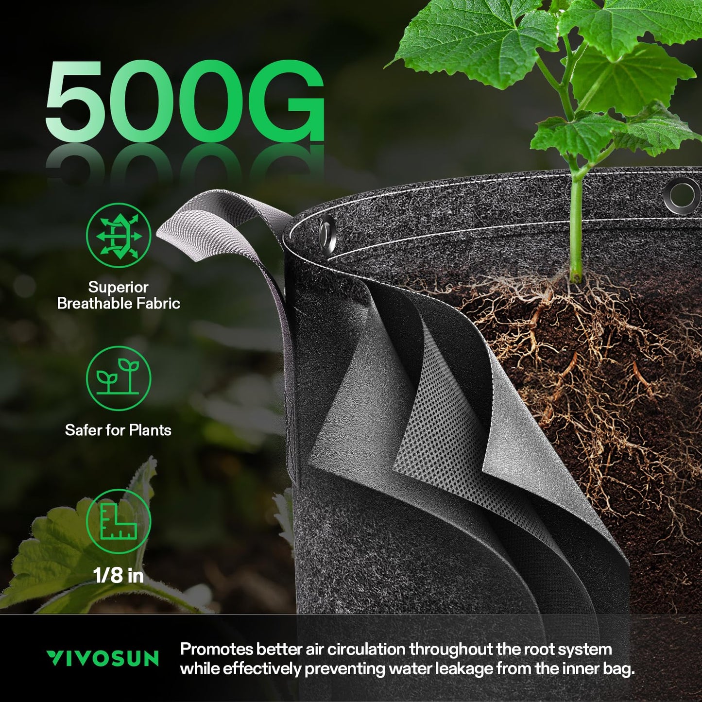 VIVOSUN 5-Pack 7 Gallon Grow Bags, 500G Thick Nonwoven Fabric Pots with Strap Handles, Multi-Purpose Rings, for Low Stress Plant Training Fruits, Vegetables, and Flowers