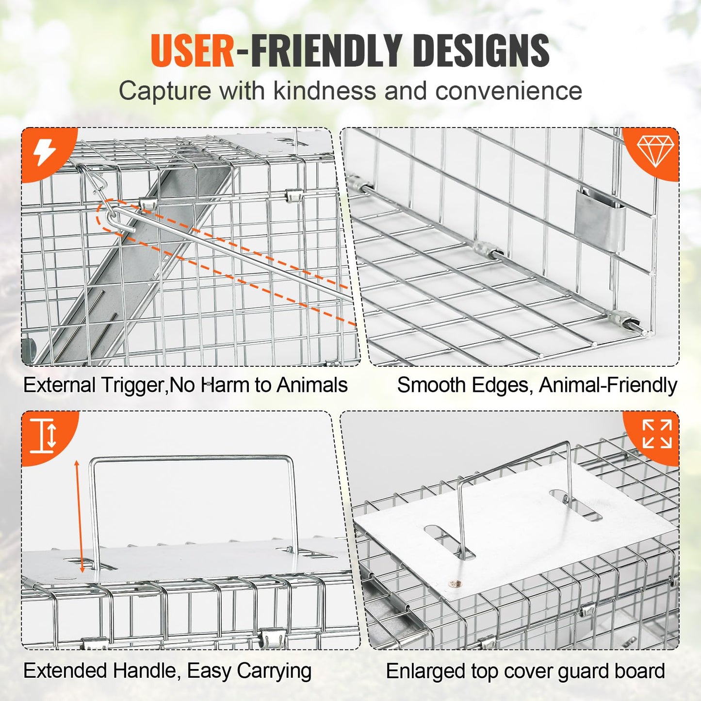 VEVOR Live Animal Cage Trap, 24" x 8" x 8" Humane Cat Trap Galvanized Iron, Folding Animal Trap with Handle for Rabbits, Stray Cats, Squirrels, Raccoons, Groundhogs and Opossums