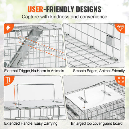 VEVOR Live Animal Cage Trap, 24" x 8" x 8" Humane Cat Trap Galvanized Iron, Folding Animal Trap with Handle for Rabbits, Stray Cats, Squirrels, Raccoons, Groundhogs and Opossums