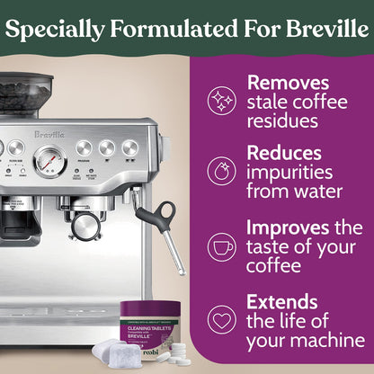 Roobi Cleaning Kit Compatible with Breville Espresso. Includes 52 Espresso Cleaning Tablets and 6 Water Filters. Carbon Neutral. 1 Year Supply.