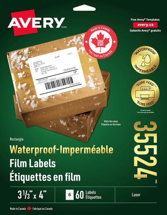 Avery Waterproof White TrueBlock Film Labels with SureFeed Technology, 3-1/3" x 4", Rectangle, Permanent Adhesive, for Laser Printers, 60 UV/Chemical/Tear Resistant Labels, (35524), Made in Canada