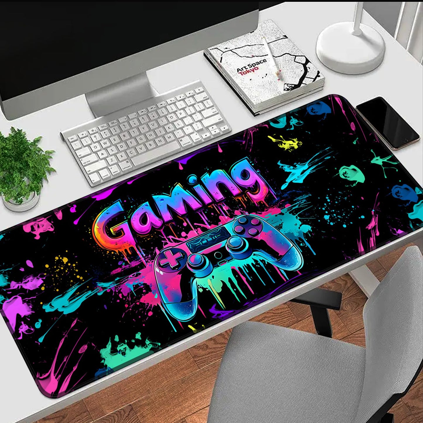 SparkLia Gaming Mouse Pad, UV Reactive X-Large Waterproof Blacklight Colorful Splatter Art Game Controller Non-Slip Rubber Base Mousemat, Glow in the Dark Desk Mat for Office Home - 31.5 x 11.8 inches