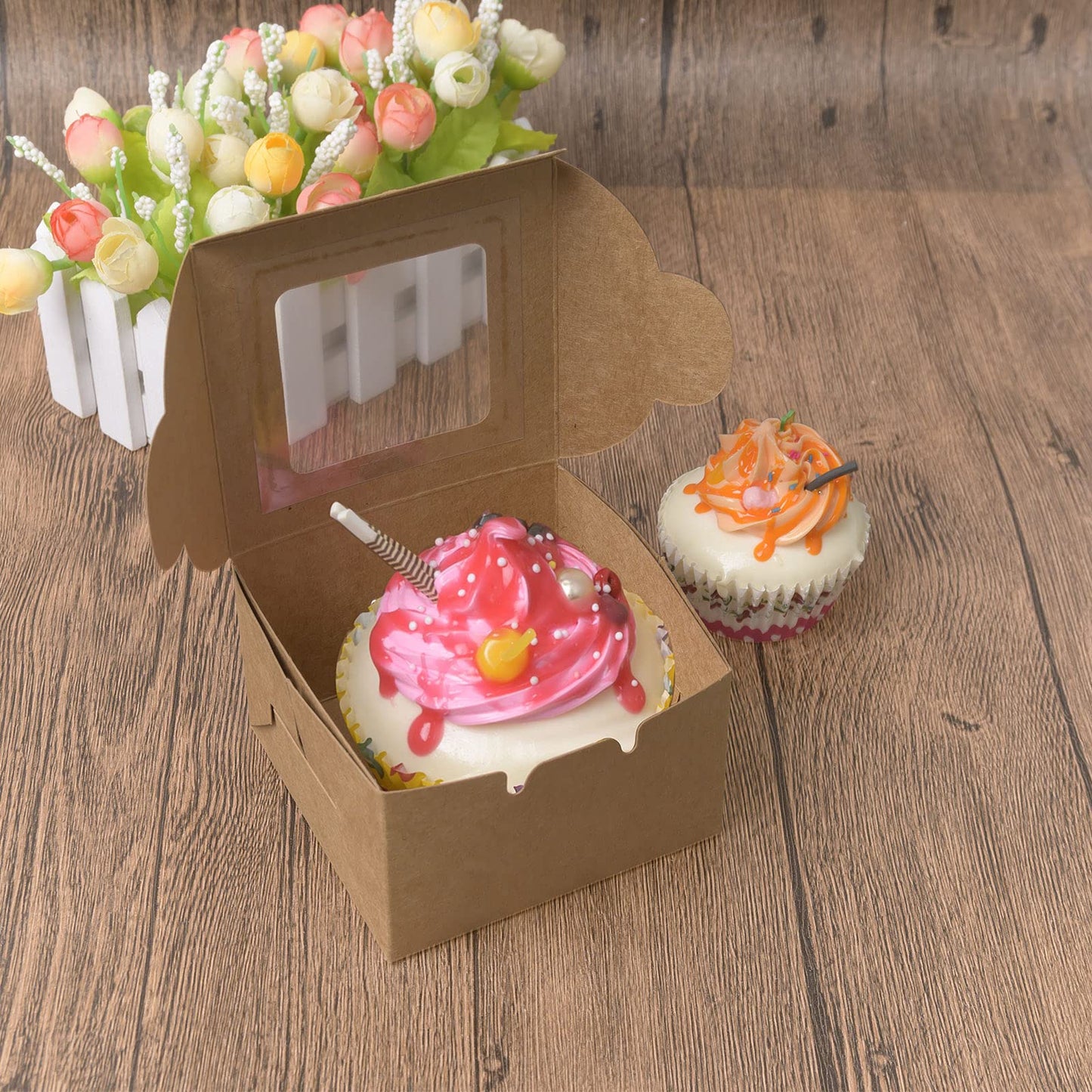 50 Pack 4 x 4 x 2.5 Inches Brown Bakery Boxes Kraft Paper Pastry Boxes with Window Gift Packaging Boxes for Pastries, Mini Cakes, Cookies, Donut, Pie Slice, and More