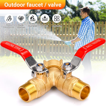 XIBETEO Heavy Duty Brass Garden Hose Splitter 2 Way with Stainless Steel Long Handle 3/4" GHT Thread Hose Y Valve Garden Hose Connector with Seal Tape and Washers