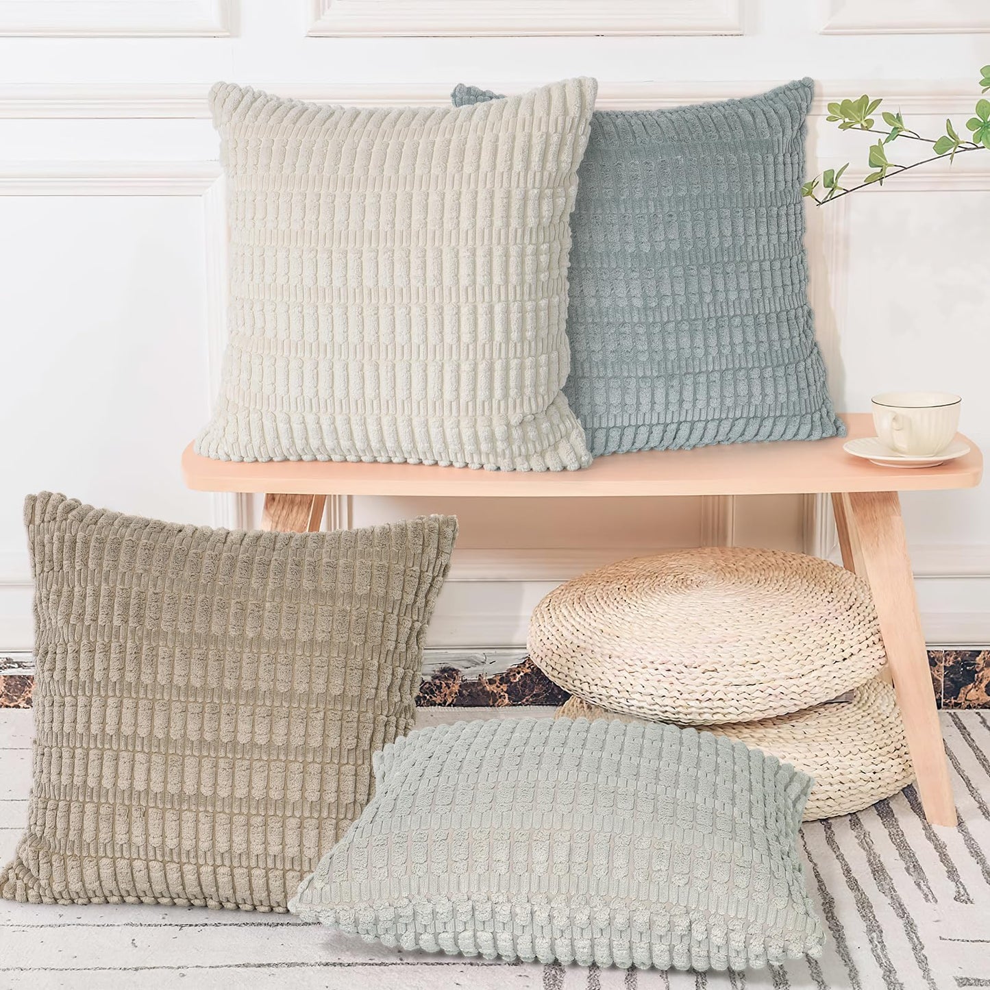 UXORSN Pack of 4 Decorative Throw Pillow Covers 18x18 Inch Soft Plush Corduroy Striped Square Pillowcases Blue Beige Coffee Gray Fluffy Cushion Cases Boho Decor for Farmhouse Living Room Bed Sofa
