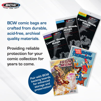 BCW Current/Modern Comic Bags - 200 ct | Acid-Free Modern Comic Bags for Current Issues | Exterior 6 7/8 x 10 1/2 inches | Crystal Clear Protection for Your Collection