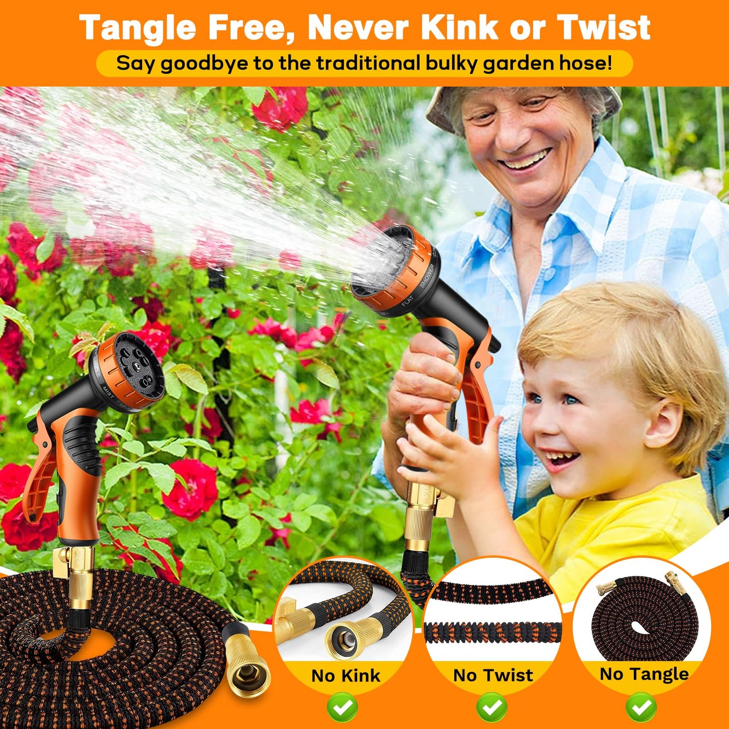 50FT Expandable Garden Hose with 10 Function Spray Nozzle,Flexible Lightweight Water Hose with 3/4”Solid Brass Fittings, Durable 4-Layers Latex,Expanding Retractable Gardening Pipe for Outdoor