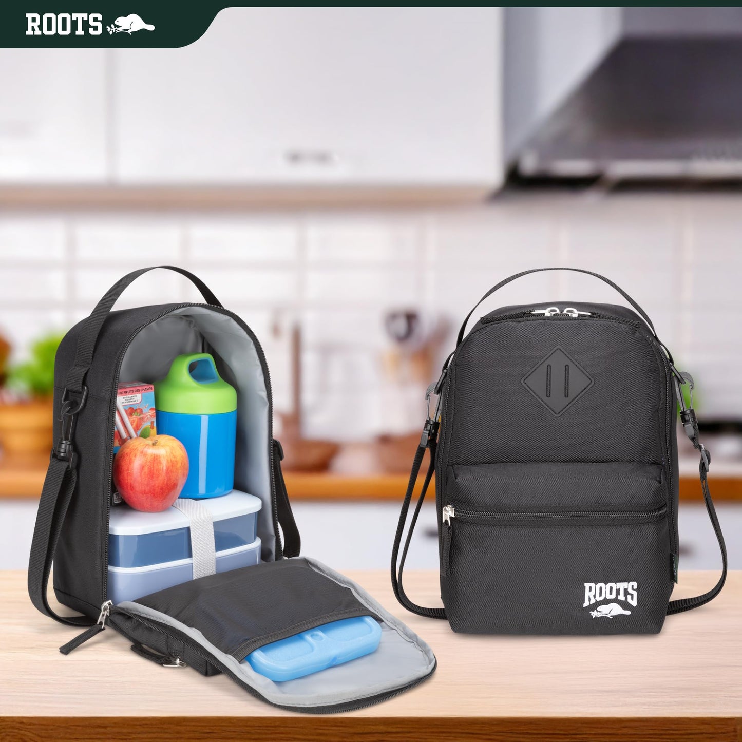 Roots Insulated Lunch Bag – Made from Recycled Polyester, with Exterior ID Label, Adjustable Shoulder Strap & 2 Zippered Compartments – 7L, Black