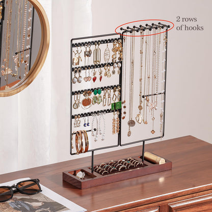 ProCase Earring Holder Necklace Organizer Jewelry Stand, 144 Holes Jewellery Organizers Earring Display Storage Rack with Removable Wooden Ring Tray for Bracelets Rings, Gifts for Women Girls -Black