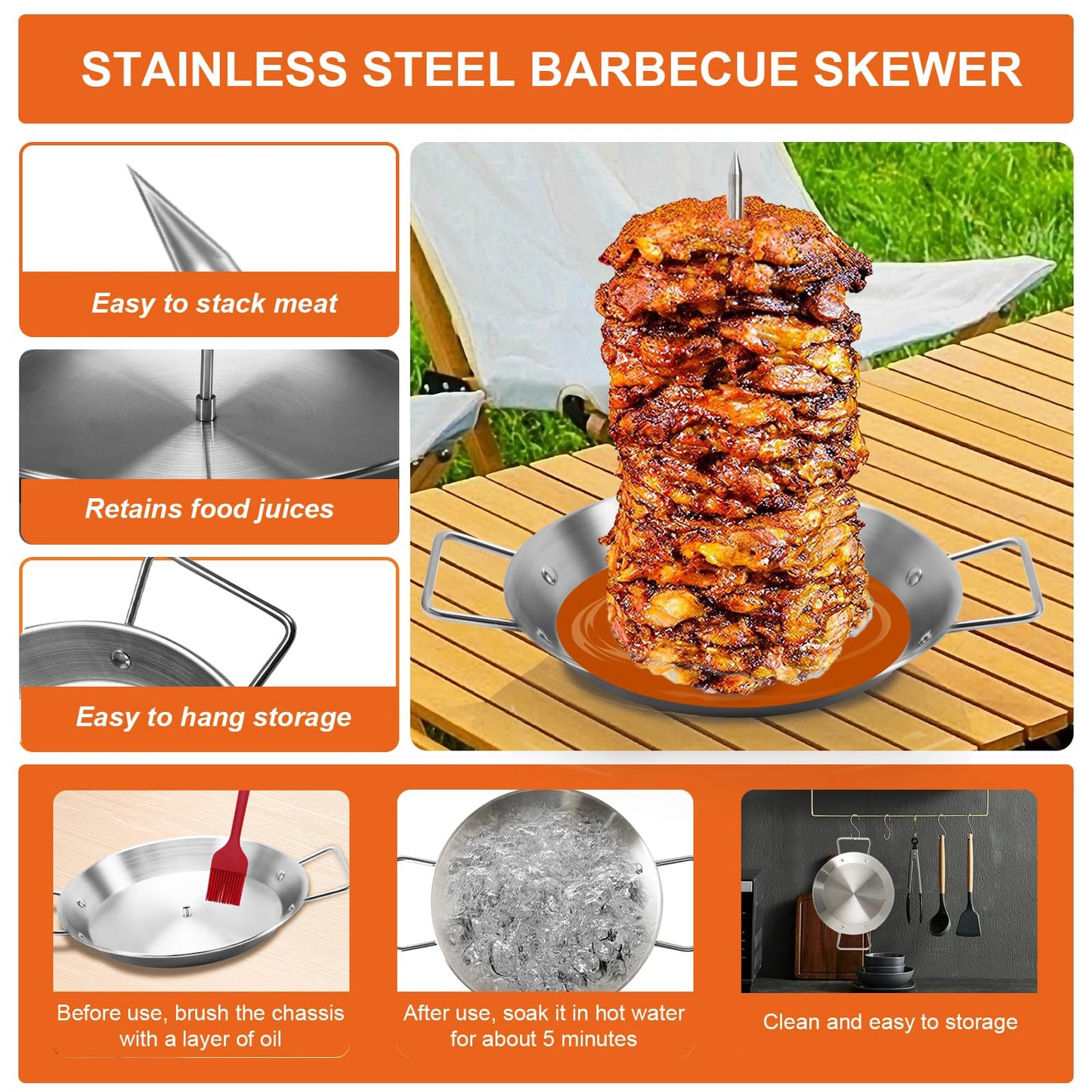 Al Pastor Skewer for Grill, Stainless Steel Vertical Skewer, Brazilian Vertical Spit Stand with 3 Removable Spikes(8”/10"/12”)& Brushes, for Tacos Al Pastor, Shawarma Kebabs Smoker Oven BBQ Dishes