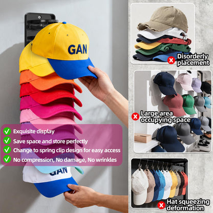 Spring-Loaded Hat Organizer for Baseball Caps (2 Pack) – Holds 20 Caps, Quick Insert & Smooth Release with Secure Hold, Wall Mount for Closet or Door with Adhesive & Screws – Black