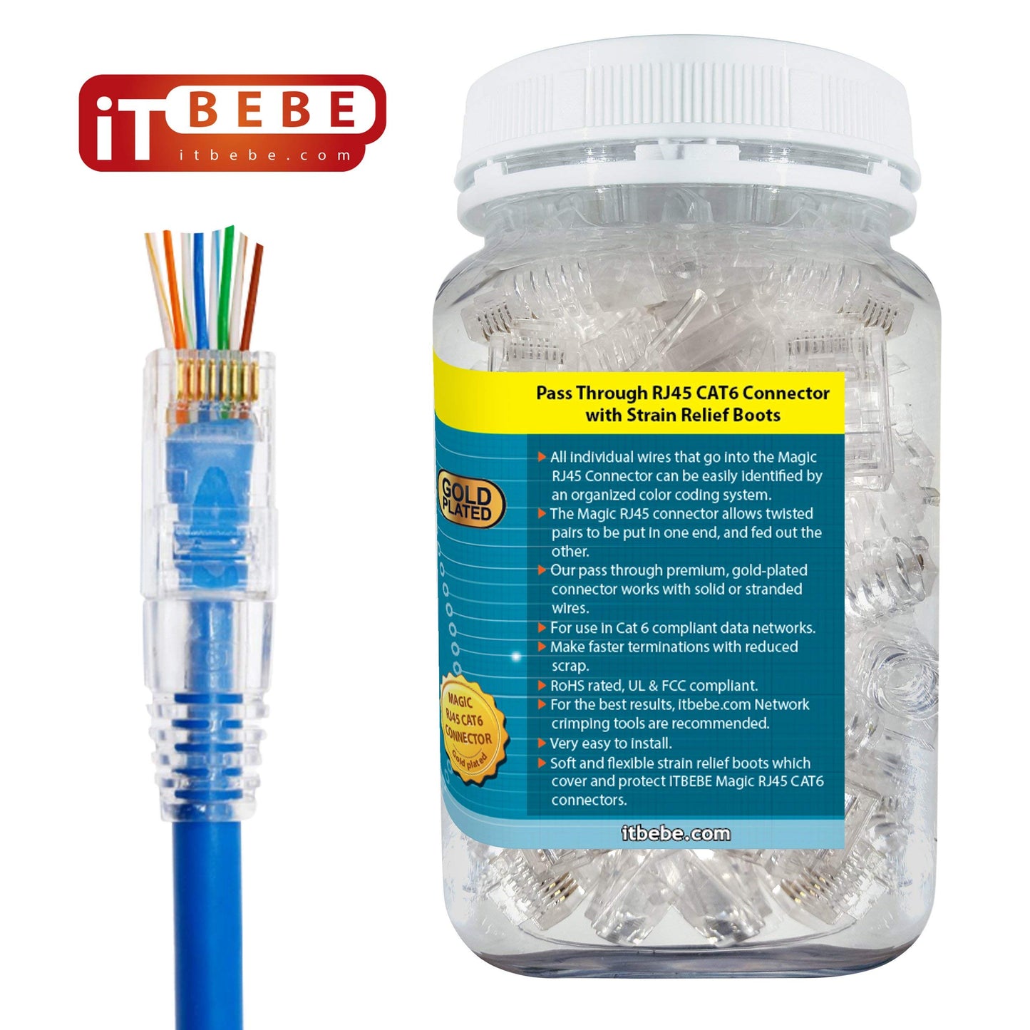 ITBEBE Gold Plated RJ45 Cat6 Pass Through Connectors (50) + Strain Relief Boots (50) – 8P8C UTP RJ45 Plug Ends for 24AWG Ethernet Cables, Easy Crimp, Network Connector Kit