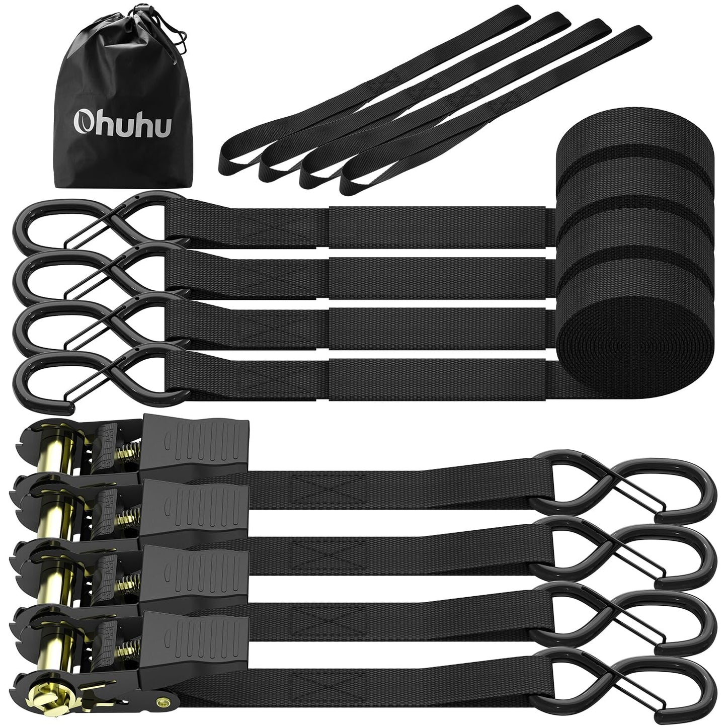 Ratchet Straps, Ohuhu 4 Pack 15 FT Ratchet Tie Down Straps with Safety Clip and 4 Soft Loops, Cargo Straps for Trucks Moving Appliances Motorcycle, 500 lbs Load Cap 1500 lbs Breaking Limit, Black