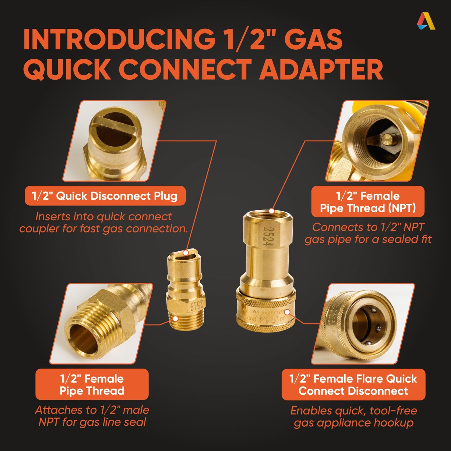 1/2-Inch Solid Brass Quick Connect & Disconnect Fitting Kit by Canamax – Female & Male Connector Set for Natural Gas Appliances, Heater or Grill (Accessory Only, No Gas Included)