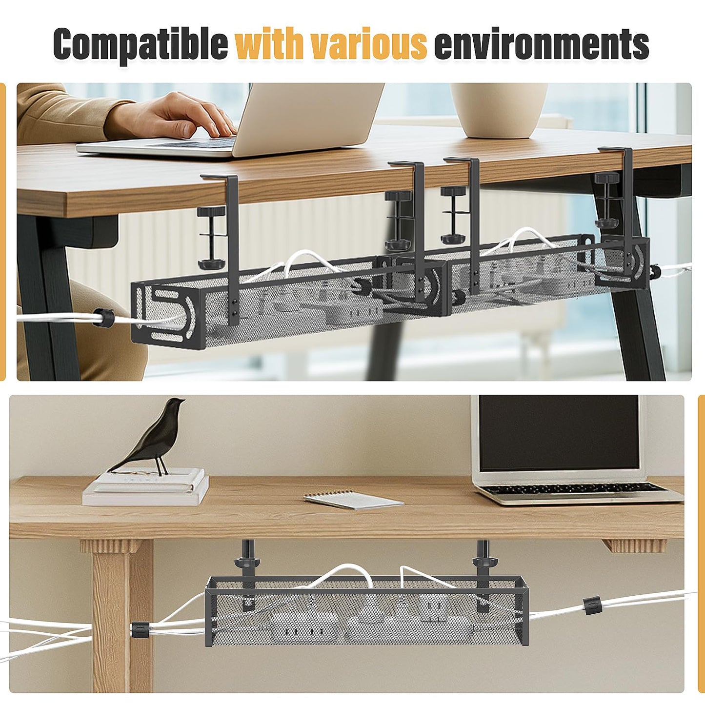 Under Desk Cable Management Tray No Drill, Metal Mesh Cable Tray with Clamp for Desk Wire Management, Desk Cable Management Box and Cord Organizer for Office, Home