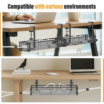 Under Desk Cable Management Tray No Drill, Metal Mesh Cable Tray with Clamp for Desk Wire Management, Desk Cable Management Box and Cord Organizer for Office, Home