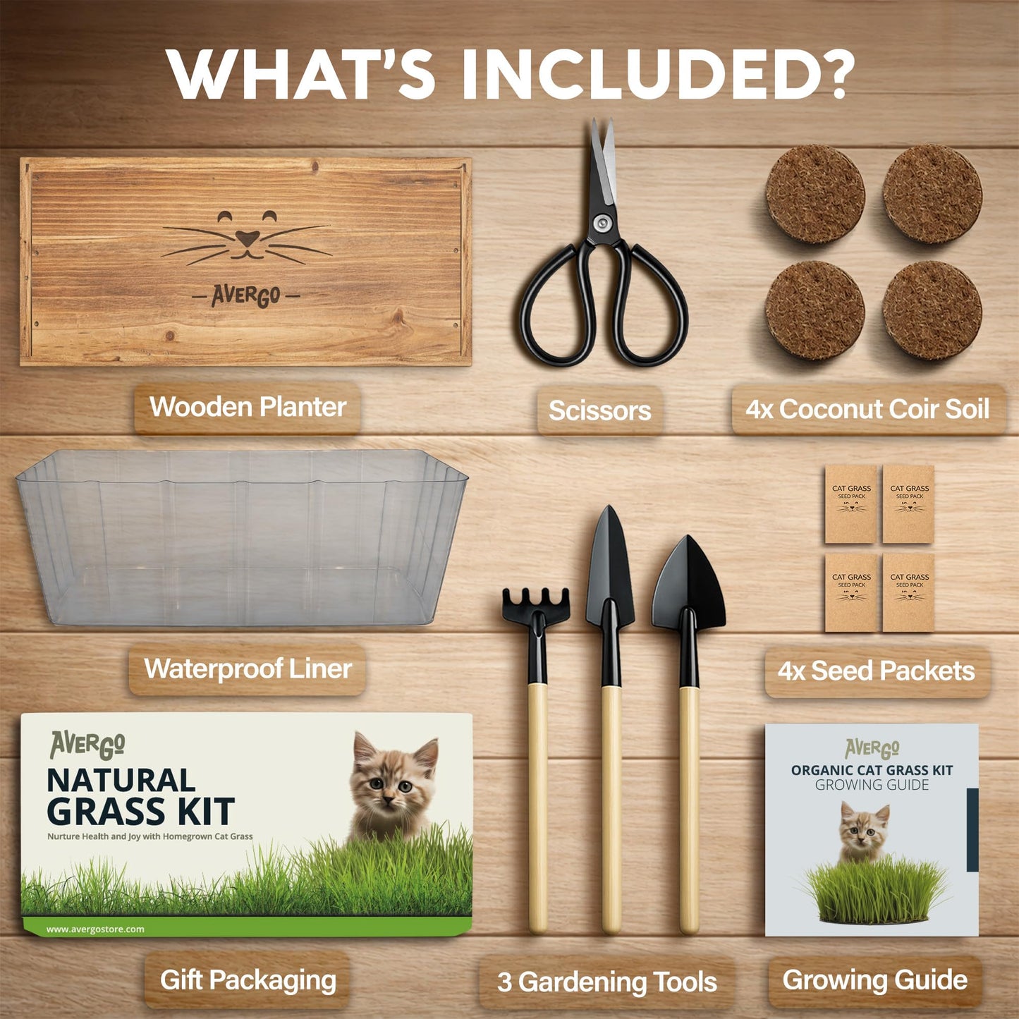 Cat Grass Kit for Indoor Cats – x4 Seed Packets | Cat Grass Seeds with Wooden Planter, Soil & Mini Gardening Tools for Nipping – Pet Wheatgrass Grass