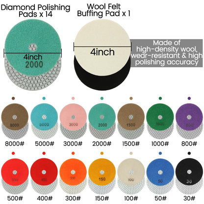 4 Inch Diamond Polishing Pads with 5/8"-11 Backer Pad,16 Pack Wet/Dry Polish Pad Kit for Drill, Grinder, Polisher,30-8000 Grit Pads for Granite Marble Concrete Stone Quartz