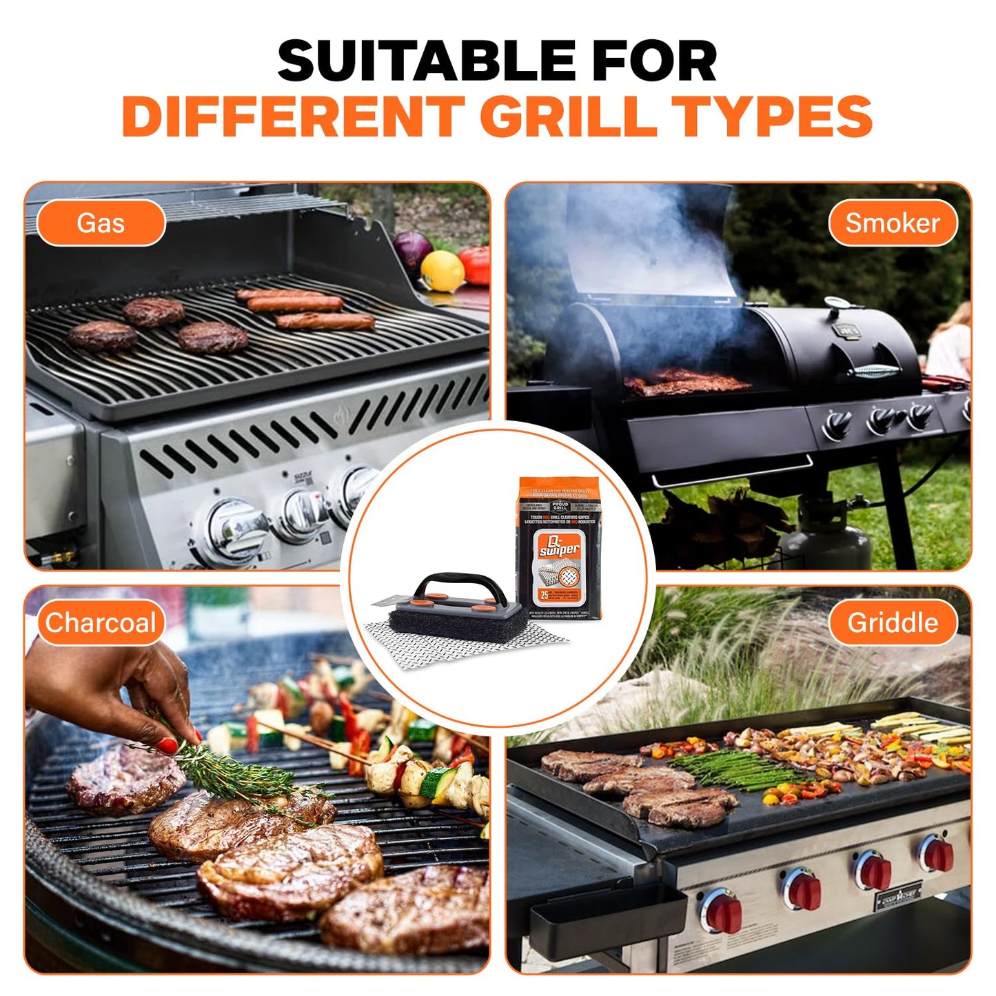 Q-Swiper BBQ Grill Cleaner Set - 1 BBQ Brush with Scraper and 25 BBQ Grill Cleaning Wipes. Bristle Free & Wire Free. Safe Way to Remove Grease and Grime for A Clean and Healthy Grill!