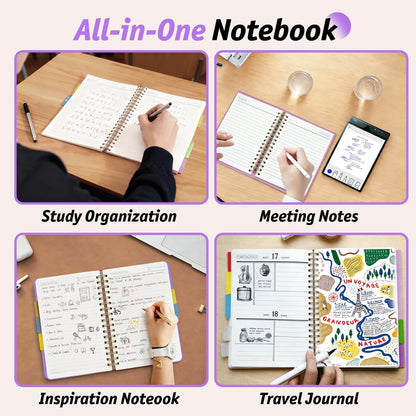 360 Pages A5 Spiral Notebook, 5 Subject Notebooks College Ruled, 100 GSM Thick Paper Lined Journal, Large Note Book with Removable Dividers for School, Office, Work and Writing (Purple)