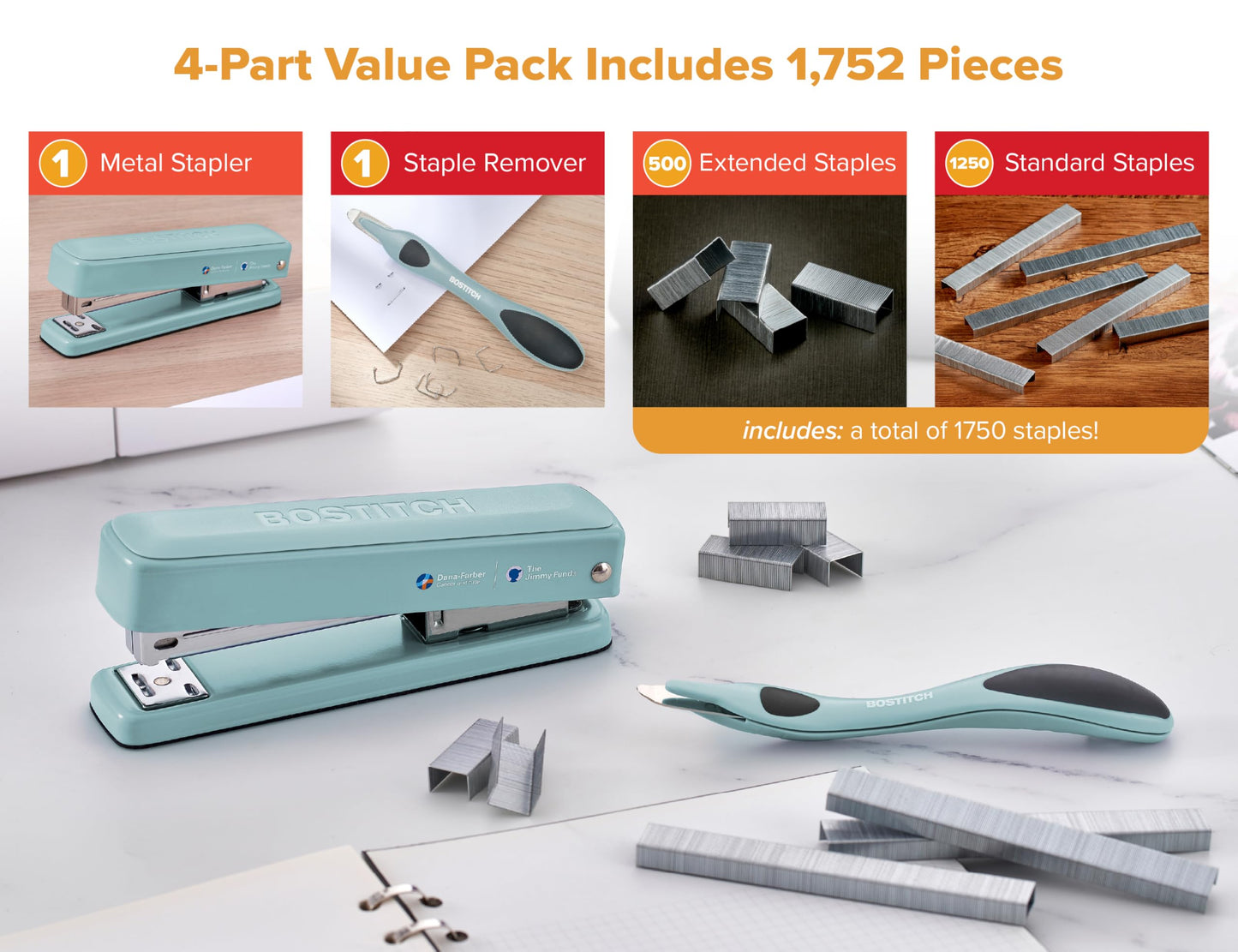 Bostitch Titan Heavy Duty Metal Stapler, 50 Sheet Capacity with 1250 Staples and Ergonomic Staple Remover, Jam Free Stapling, Full Strip Stapler for Desk, Office and Classroom, Sage