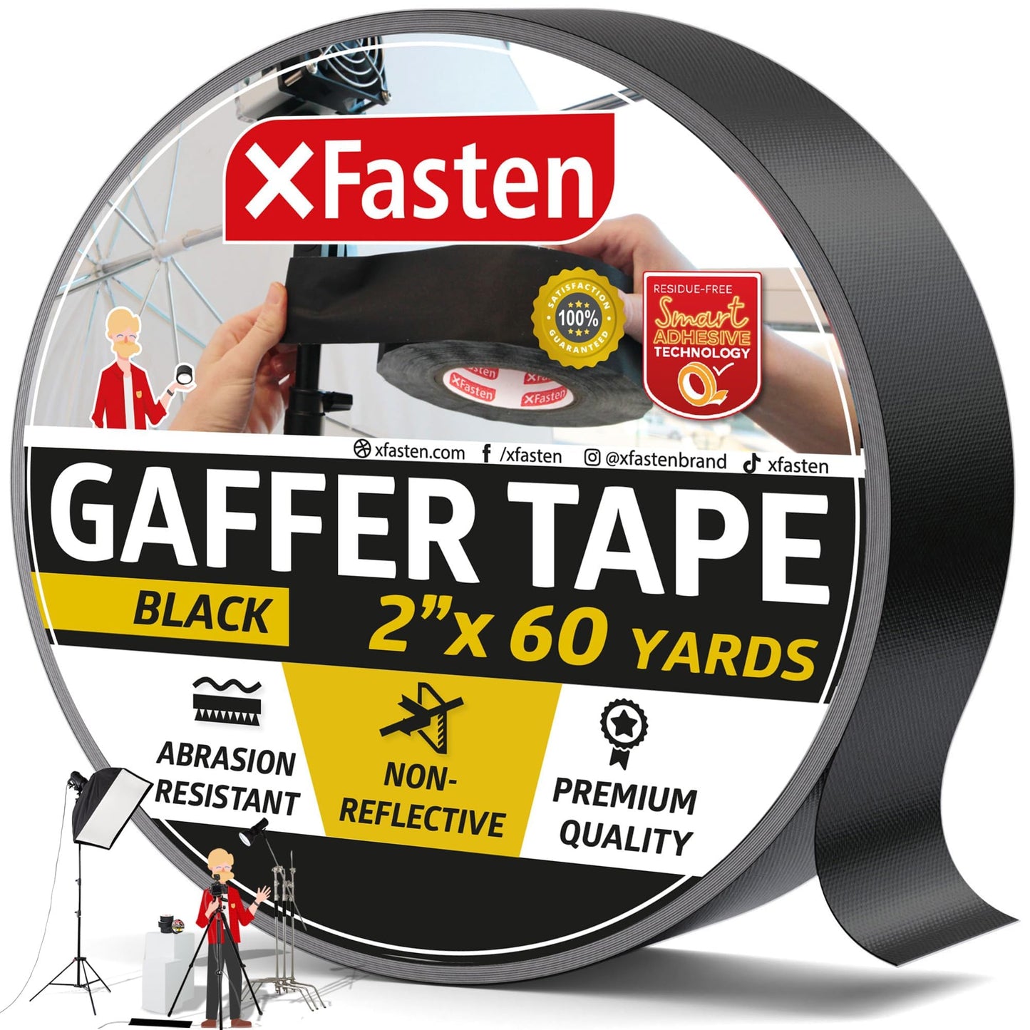 XFasten Black Gaffers Tape 2 Inch X 60 Yards, Multipurpose, No Residue Gaffer Tape, Black Gaff Tape 2 Inch for Photography, Indoor, Outdoor Locations