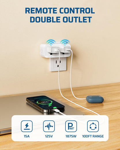 DEWENWILS Indoor Remote Control Outlet, 15A/1875W Remote Outlet 2 Pack, 4 Independent Control, 1 Main Control, 100FT Range, Remote Outlet Switch for Vacs, Lamp, Fan, Christmas Light White