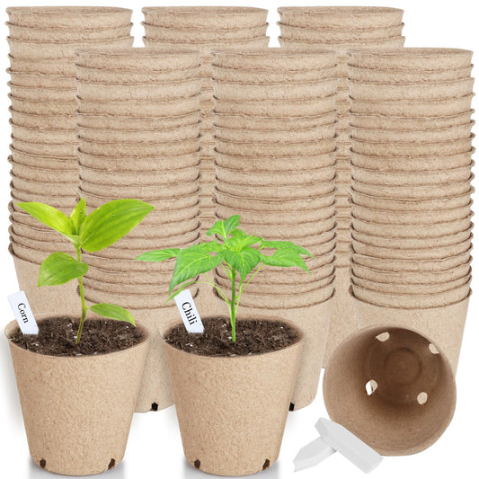 130 Pcs Peat Pots 8 cm, Seed Starting Pot with Drainage Holes, 3.15 Inch Round Seedling Nursery Box, Small Seed Starting Starter Tray Bulk, Garden Germination Container with Bonus 130 Plant Labels