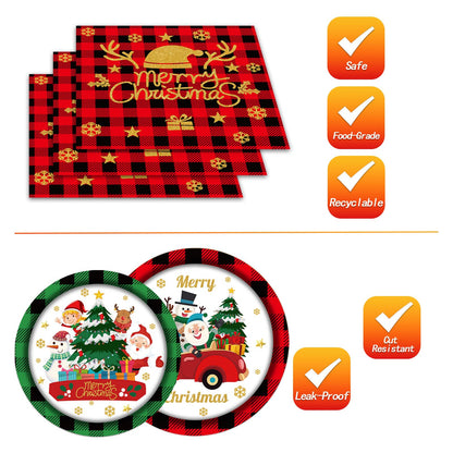 144PCS Christmas Paper Plates and Napkins Party Supplies Christmas Party Decorations Christmas Party Supplies Xmas Tableware Set Santa Claus Christmas Tree Plates Napkins Cups Forks Knives Serve 24